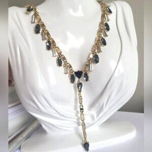 Gold Tone Blue Grey Drop Dangle Crystal Lariat Y Costume Statement Necklace